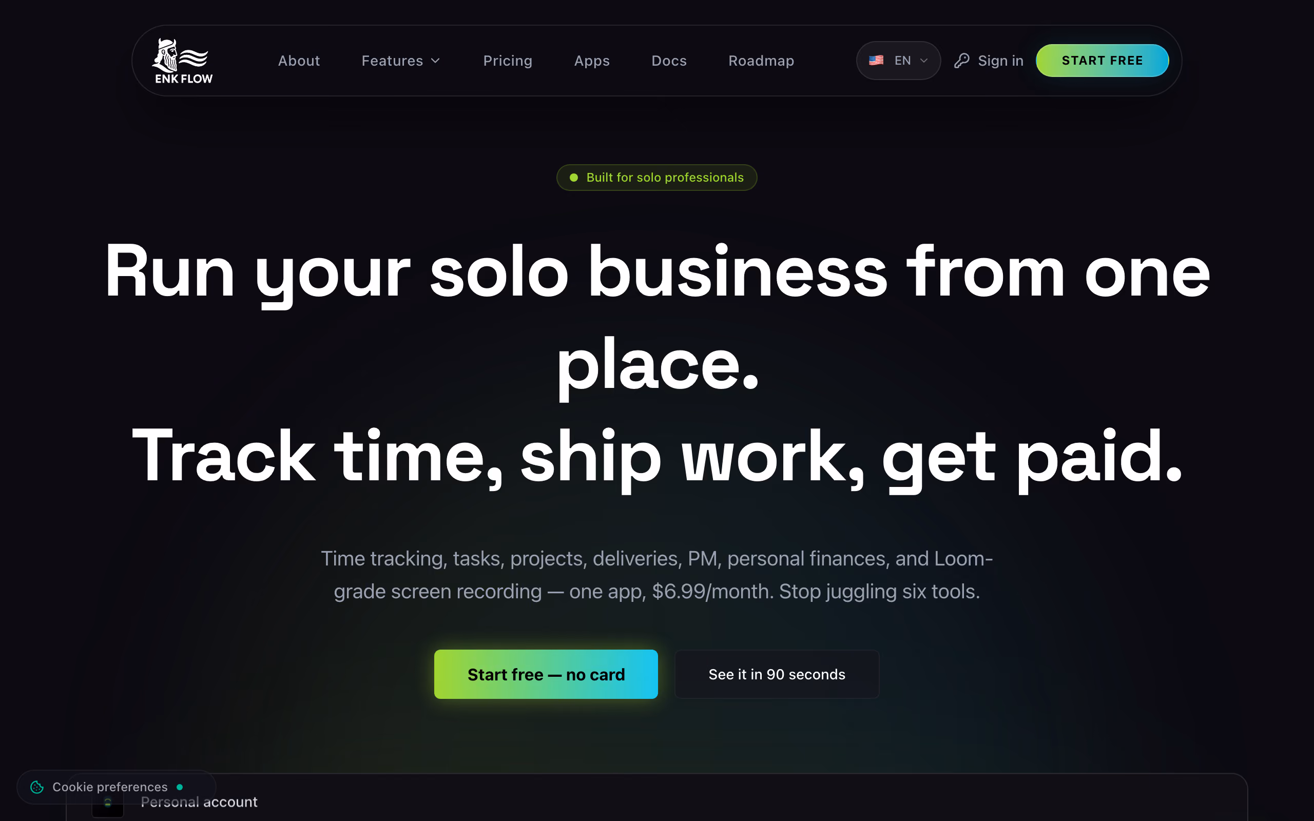 Página de EnkiFlow — suite de productividad con IA para profesionales independientes