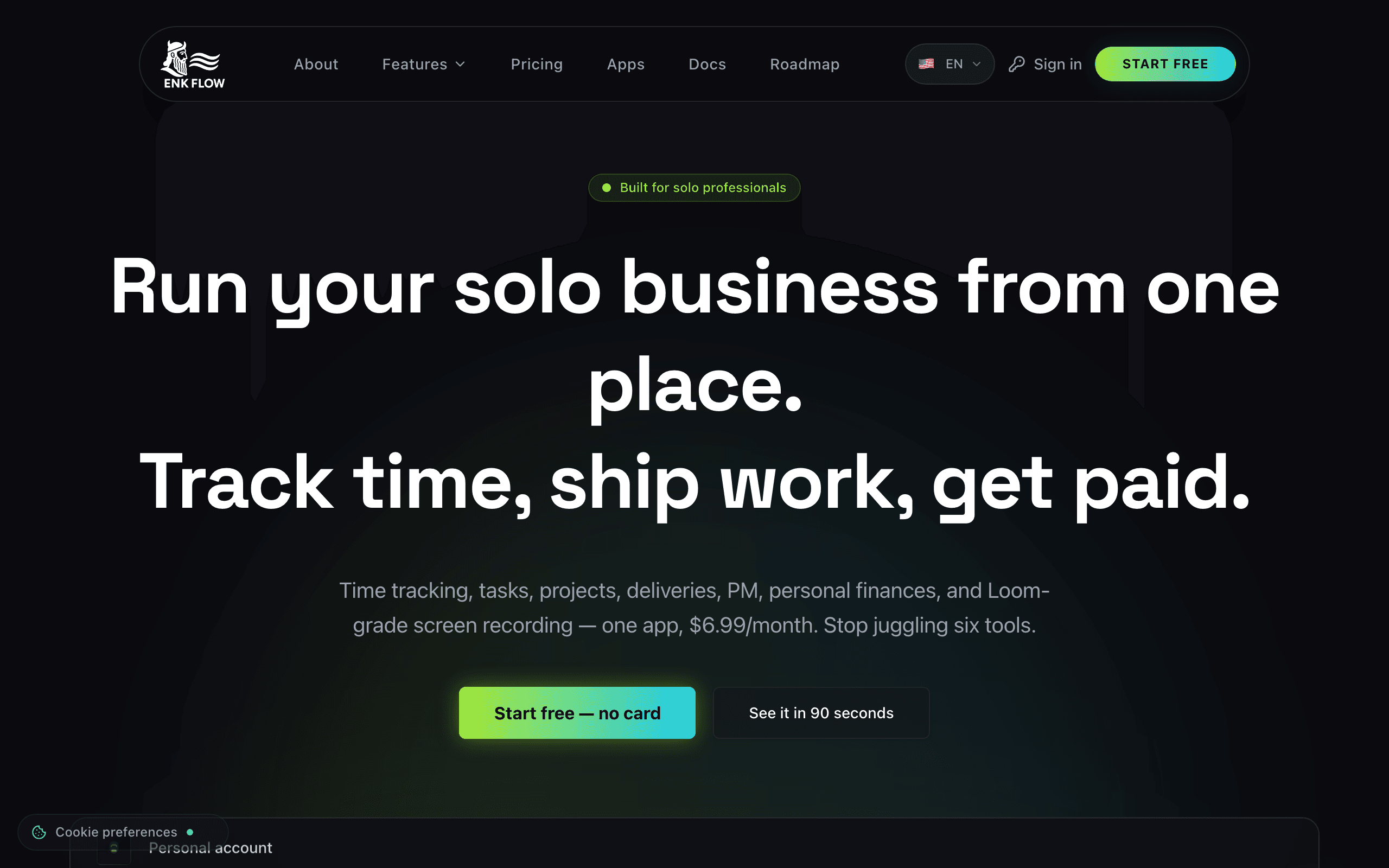 EnkiFlow landing page — AI-native productivity suite for solo professionals
