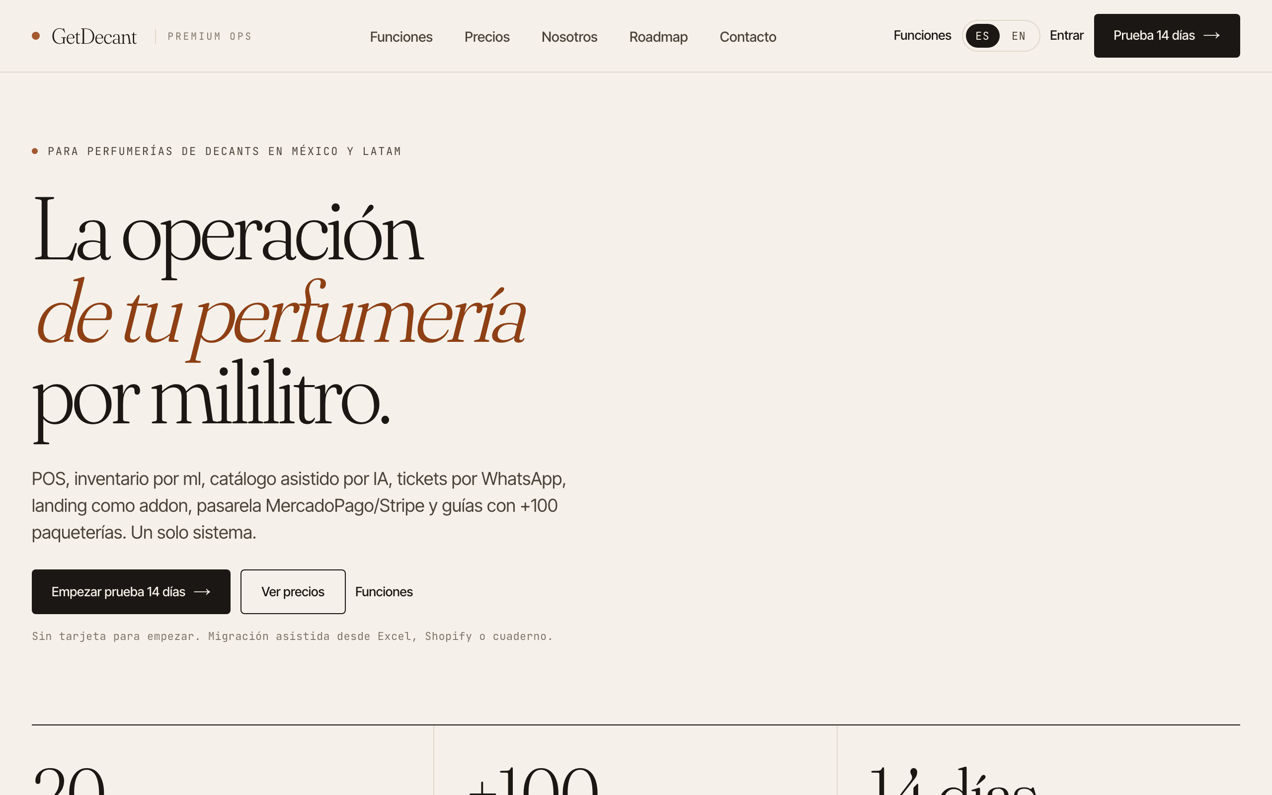 GetDecant landing page — by-the-milliliter POS and AI catalog for perfume shops