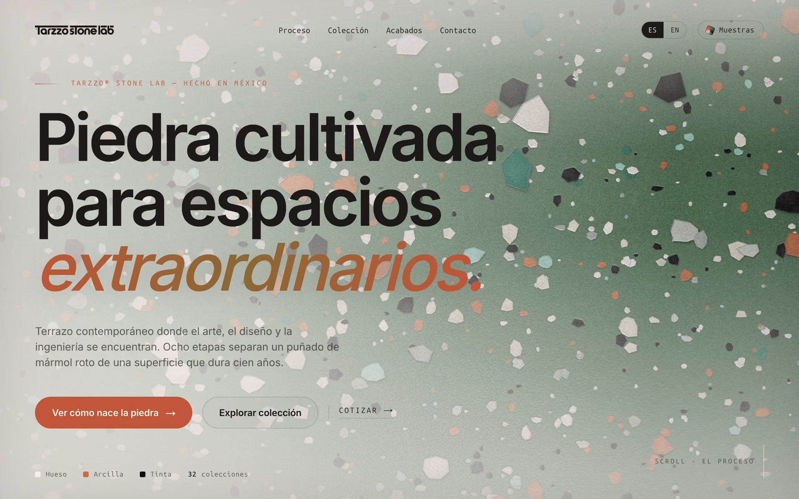 Tarzzo landing page — contemporary terrazzo stone lab with 32 collections